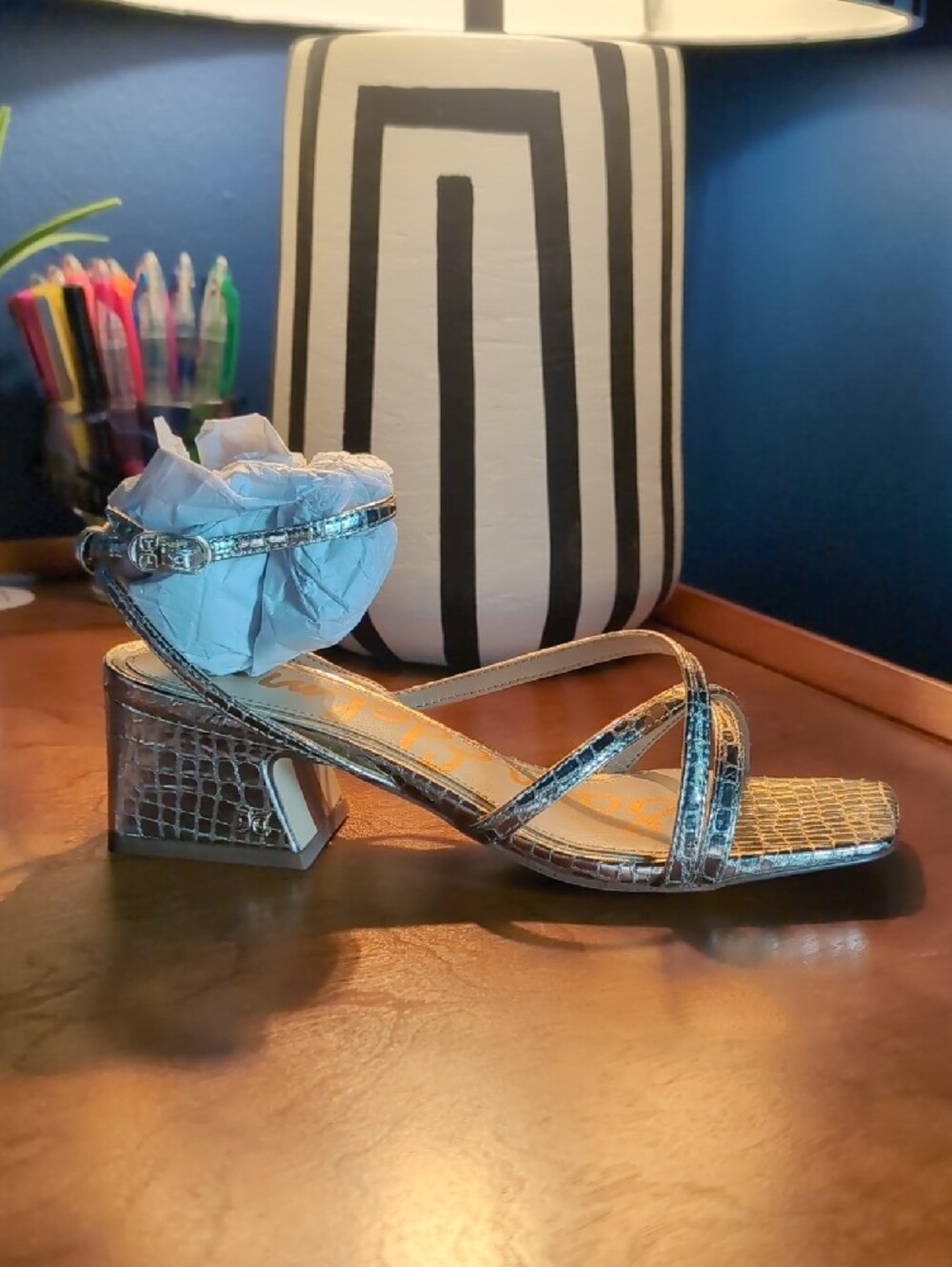 Sam Edelman Champagne Gold Metallic Strappy Block Heel Sandal - Picture 2 of 4